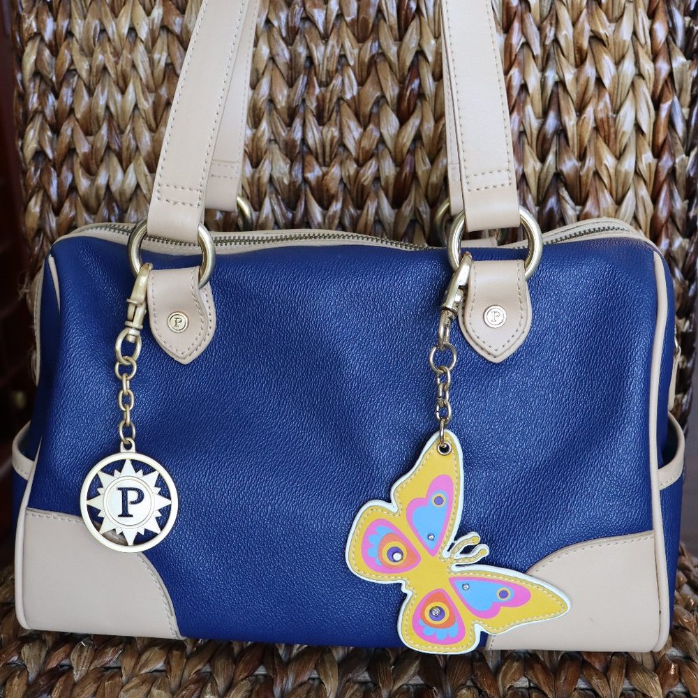 Parazul Navy Blue and Camel Leather Handbag Purse Vintage